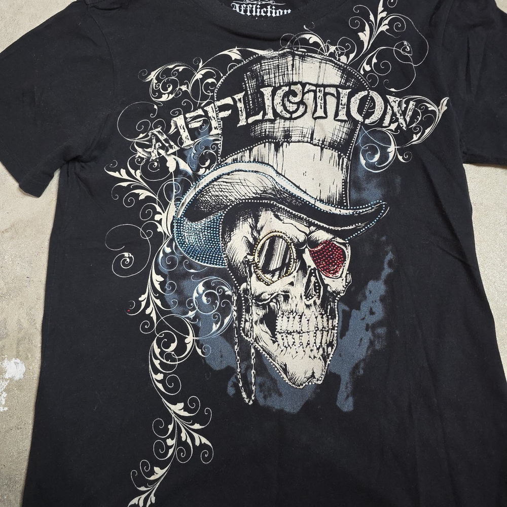 Affliction Black Tee with Skull and Hat Design